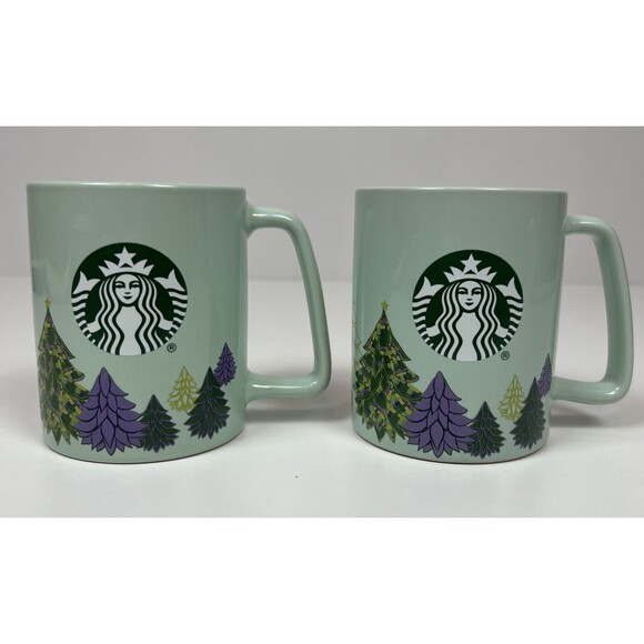 Starbucks Christmas Tree Holiday Mint Green Coffee Mugs set of 2, 11 oz 2020 - Picture 1 of 6